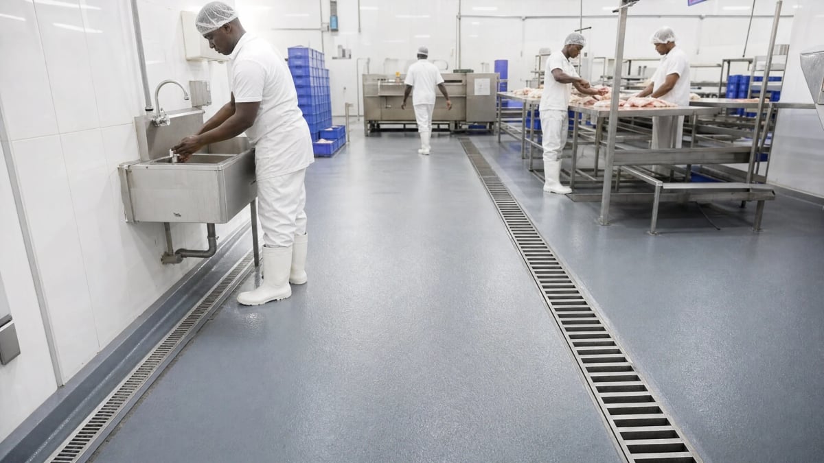 Epoxy Flooring Ghana installs R10-R13 slip-rated epoxy systems with documented ASTM C1028 friction testing, integrated drainage falls, and antimicrobial finish for healthcare and food-processing wet-zone commissions. — Epoxy Flooring Ghana