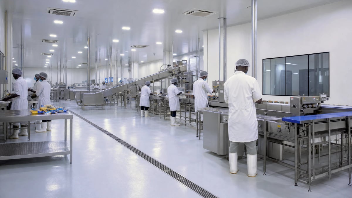 Epoxy Flooring Ghana installs FDA-compliant hygienic epoxy systems with seamless coved bases, antimicrobial additives, and full HACCP-aligned QC documentation for the food production halls Ghana's premier manufacturers operate. — Epoxy Flooring Ghana