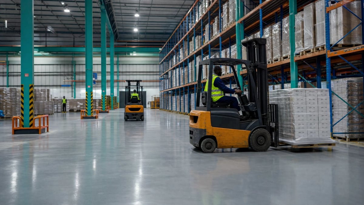 Epoxy Flooring Ghana installs heavy-load epoxy systems with polyurethane topcoat over FF50+ self-levelling substrate — engineered for 10-tonne forklift point loads, hydrocarbon resistance, and 10+ year service life under continuous logistics operations. — Epoxy Flooring Ghana