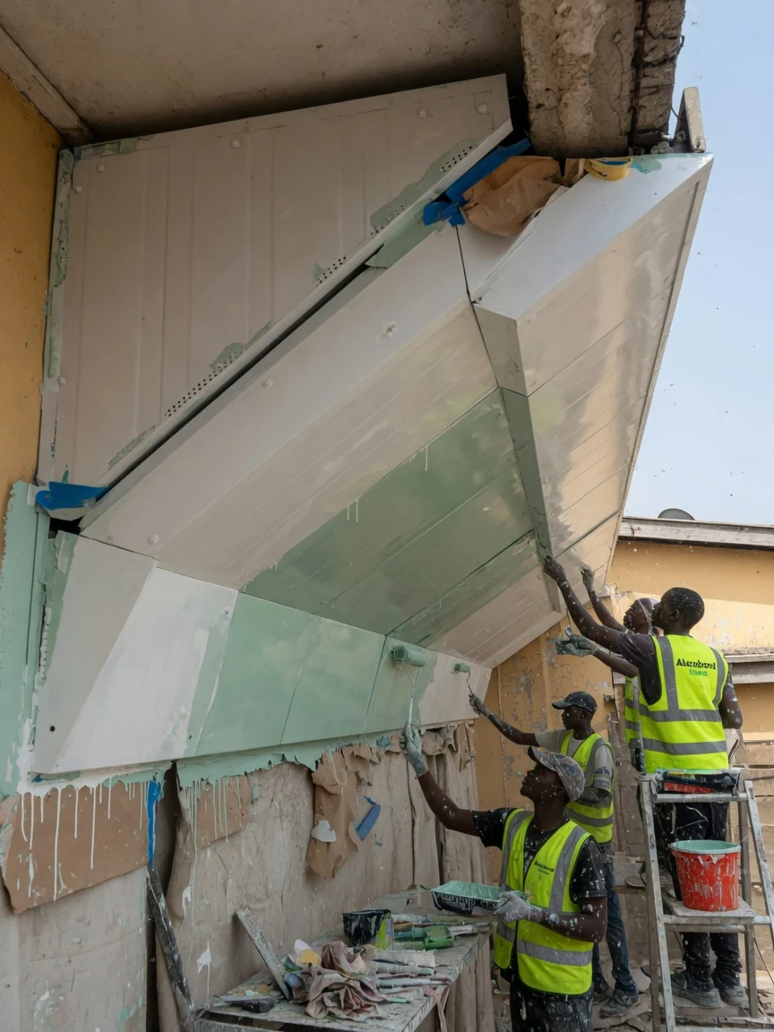 ACP canopy, soffit and entrance underside cladding in Ghana — acp canopy service concealment downlight detail tema alucobondghana, Accra Ghana