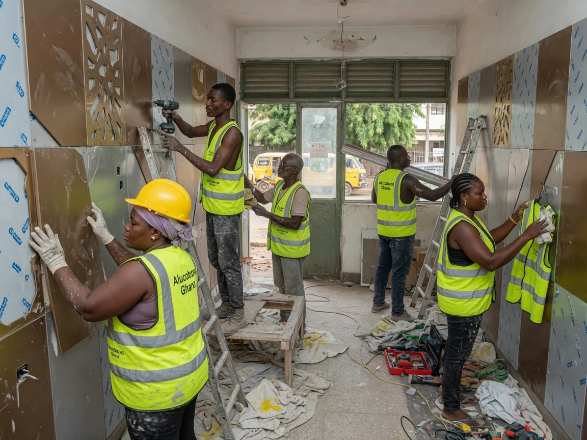 Decorative interior ACP cladding in Ghana — acp column wrap reception front corporate cantonments alucobondghana, Accra Ghana