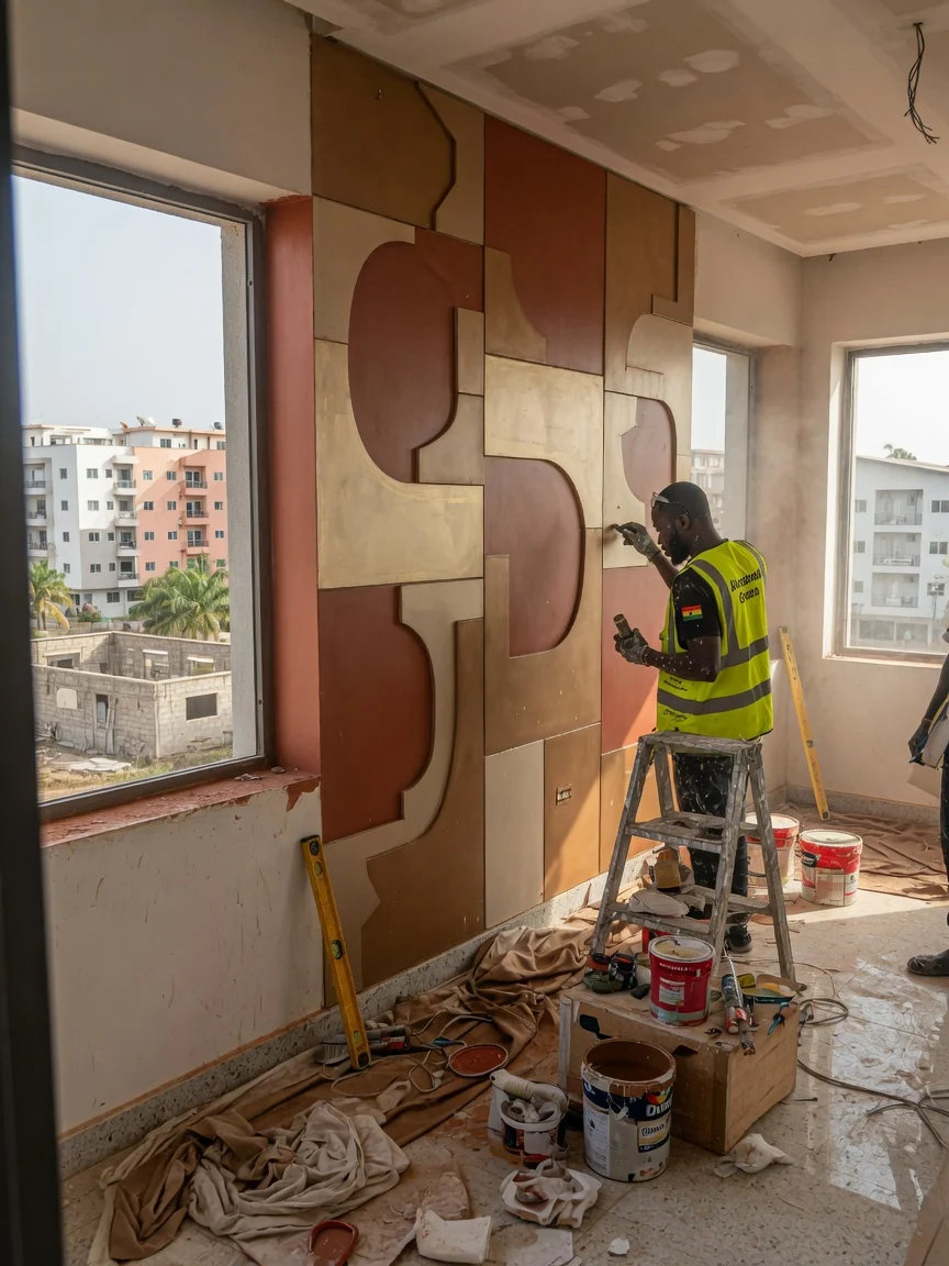 Decorative interior ACP cladding in Ghana — acp decorative feature wall hotel lobby airport city accra alucobondghana, Accra Ghana