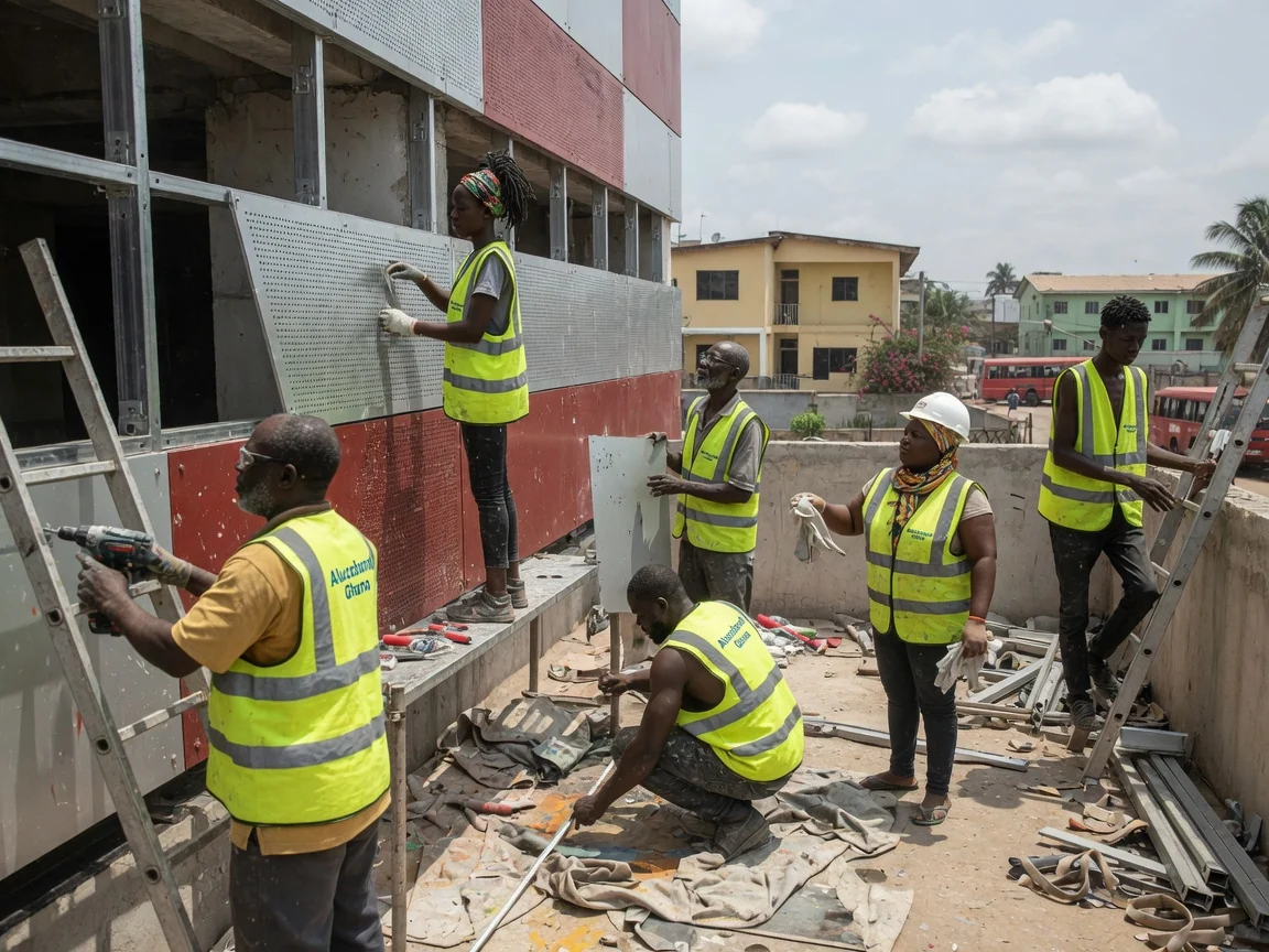 Ventilated ACP rain-screen façade in Ghana — acp rain screen sub frame bracket rail back ventilation install alucobondghana, Accra Ghana