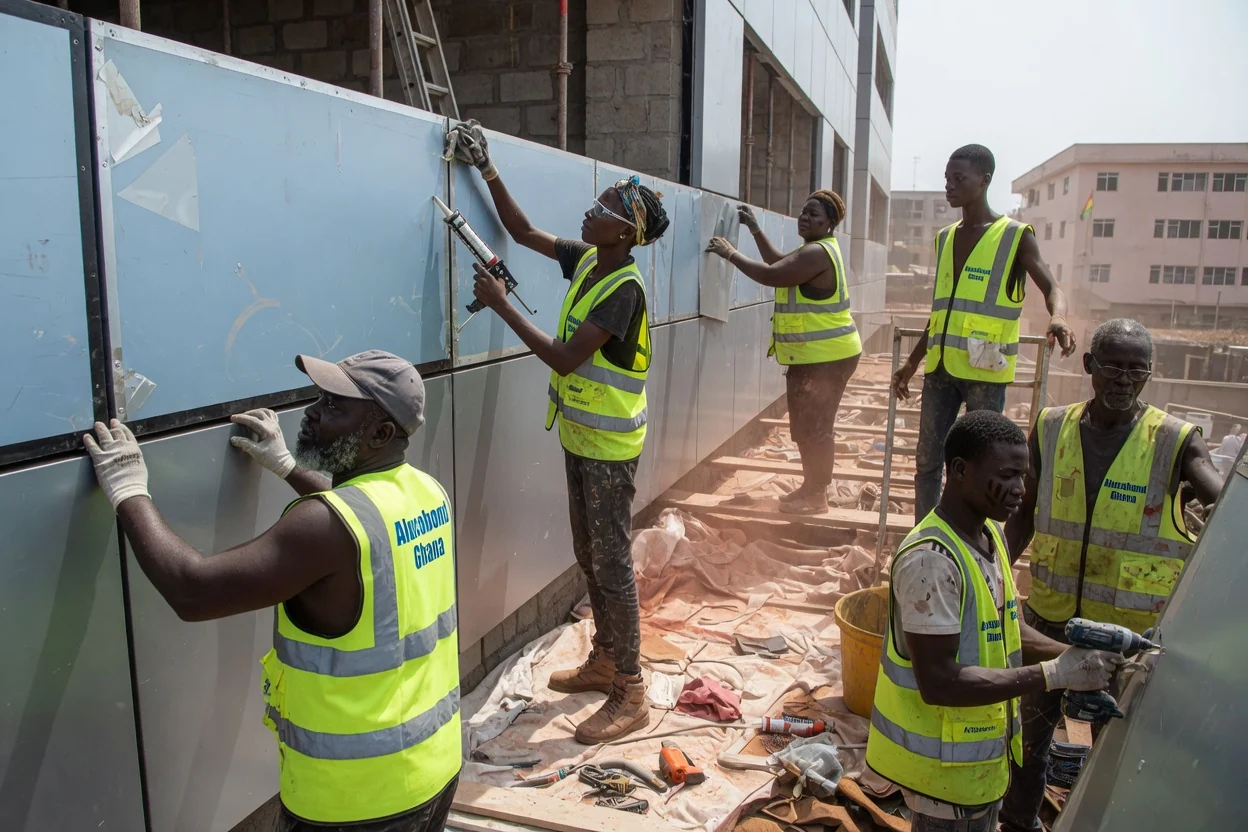 Anodised aluminium panel cladding in Ghana — anodised aluminium bronze facade bank hq ridge accra alucobondghana, Accra Ghana