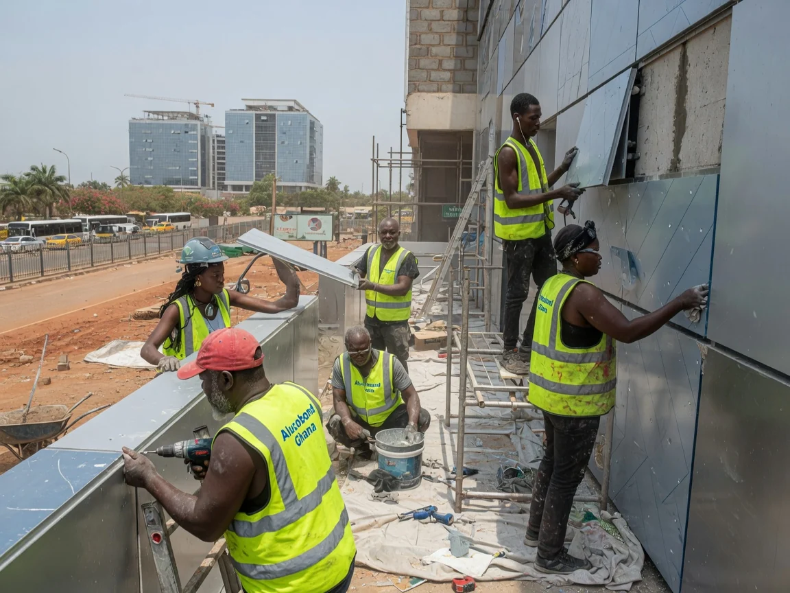 Anodised aluminium panel cladding in Ghana — anodised aluminium rainscreen corporate tower airport city alucobondghana, Accra Ghana