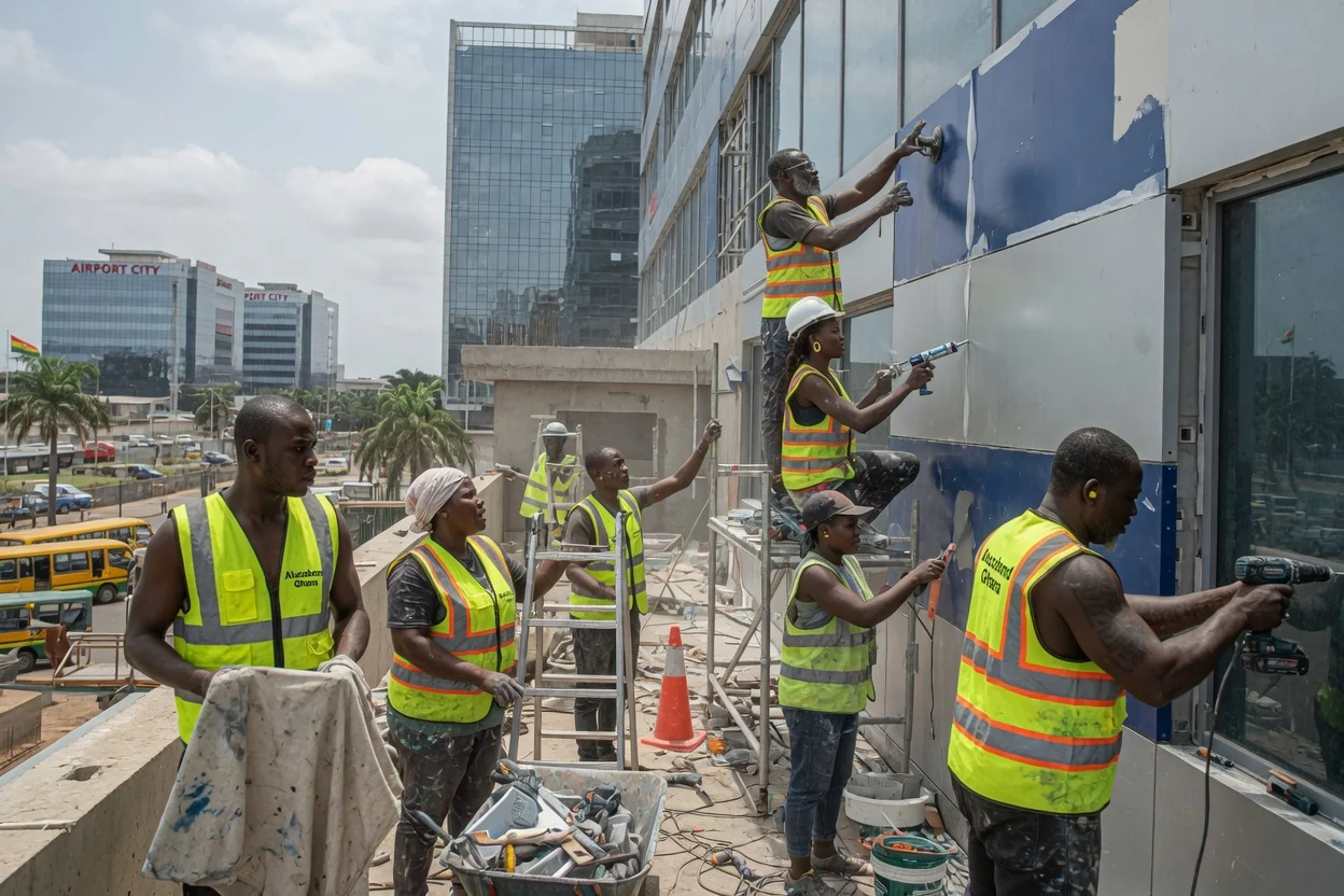 Commercial ACP cladding on a corporate tower in Accra — commercial acp facade sub frame install airport city alucobondghana, Accra Ghana
