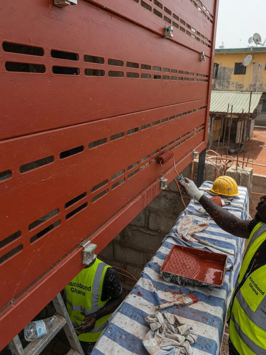 Ventilated ACP rain-screen façade in Ghana — ventilated acp rain screen cavity cutaway detail alucobondghana, Accra Ghana
