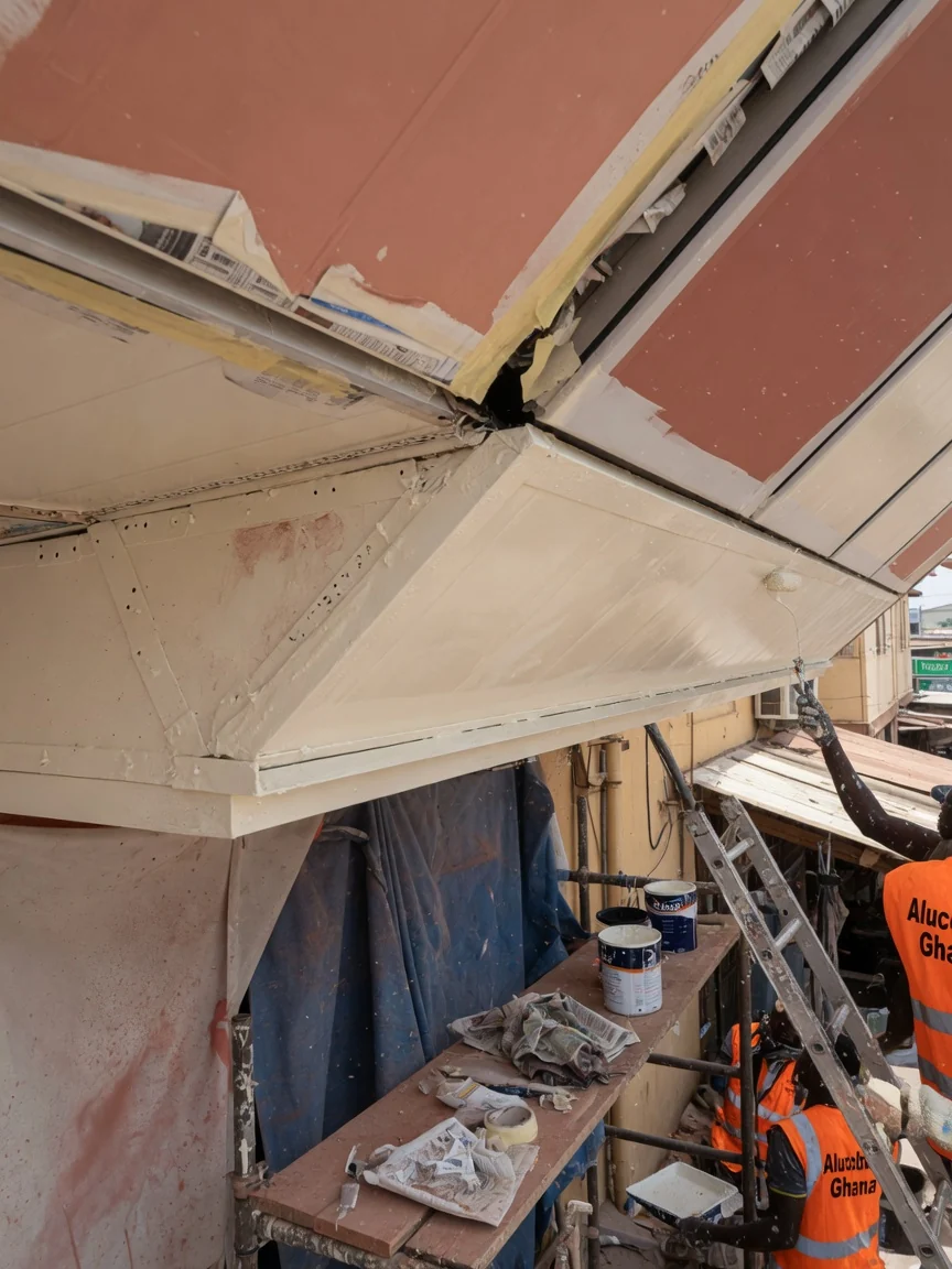 ACP canopy, soffit and entrance underside cladding in Ghana — ventilated acp soffit roof overhang detail airport city alucobondghana, Accra Ghana