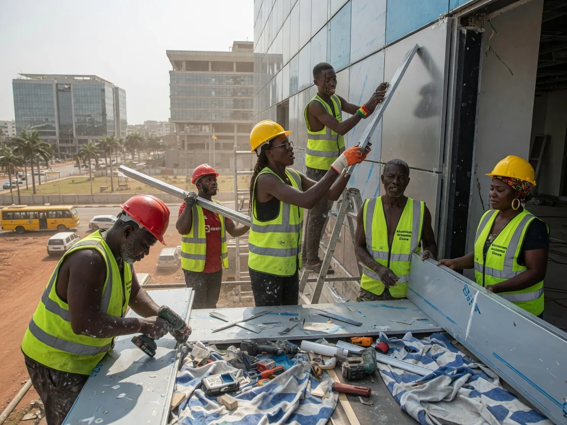 Commercial aluminium cladding installation in Ghana — acp cassette rainscreen corporate facade install airport city aluminiuminstallersghana, Accra Ghana