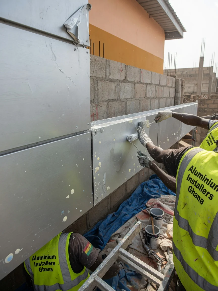 Commercial aluminium cladding installation in Ghana — acp panel core pe fr a2 fire class disclosure detail aluminiuminstallersghana, Accra Ghana