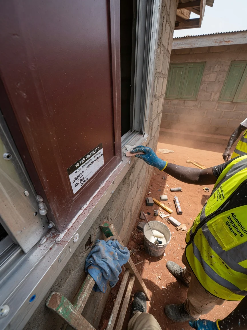 10-year warranty aluminium installation in Ghana — aluminium sealant fixing quality inspection detail aluminiuminstallersghana, Accra Ghana