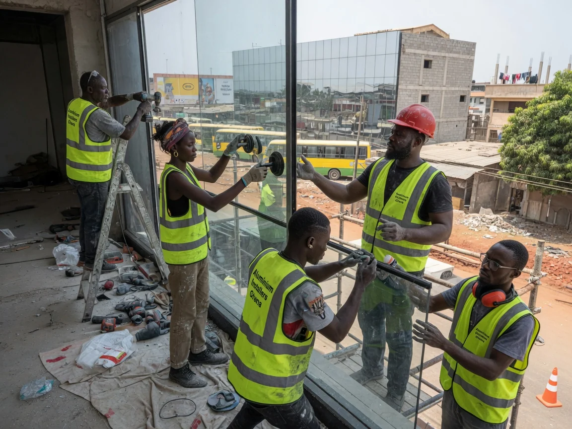 Aluminium curtain-wall installation in Ghana — curtain wall site water test aama 501 glazing cbd aluminiuminstallersghana, Accra Ghana