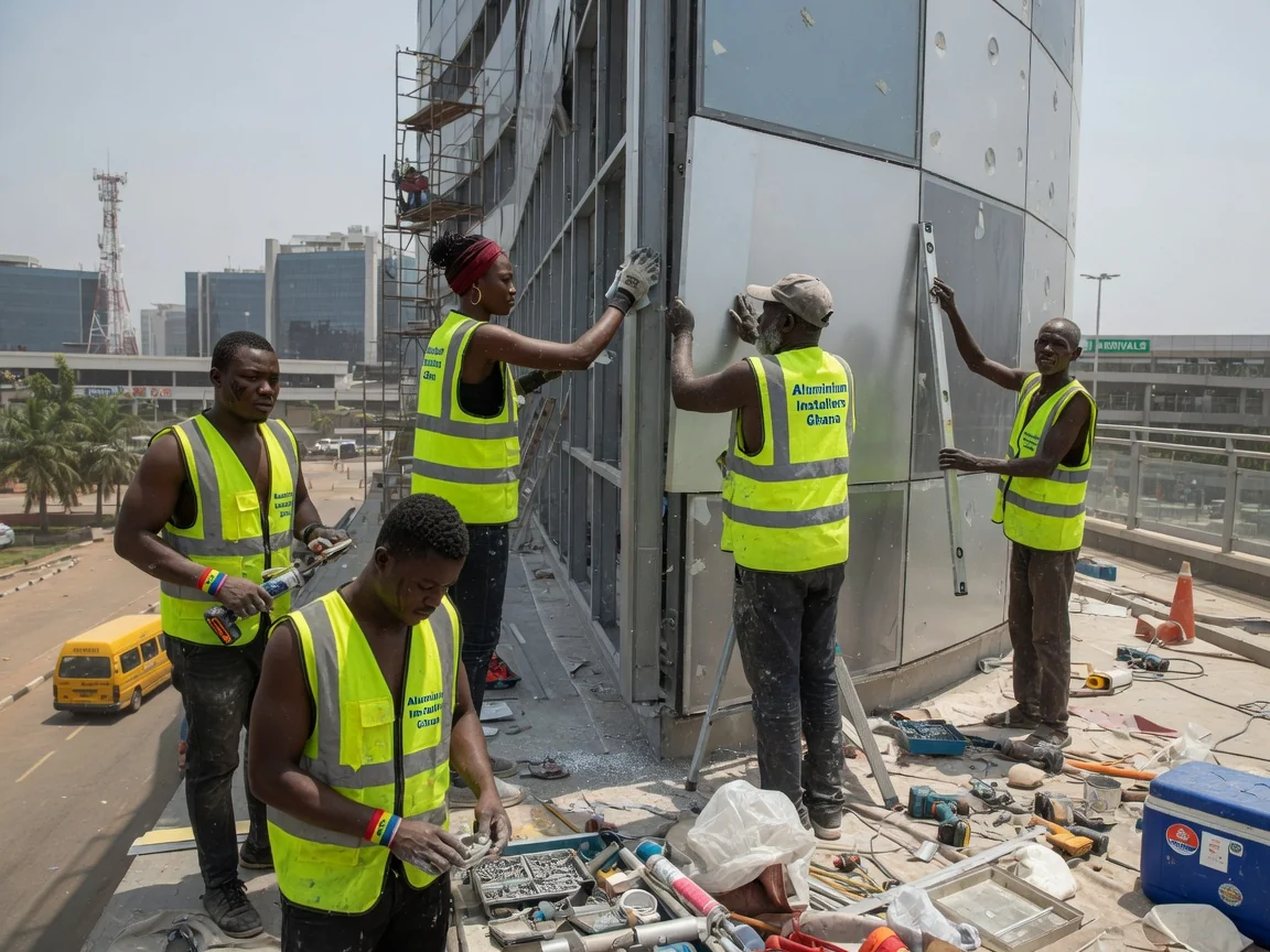 Aluminium façade engineering in Ghana — facade engineering aluminium curtain wall corporate tower airport city aluminiuminstallersghana, Accra Ghana