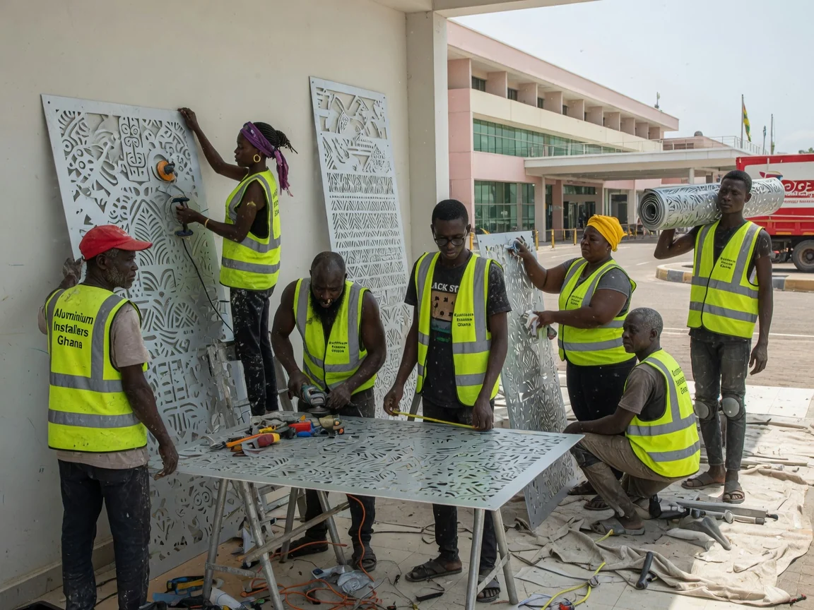CNC and laser-cut decorative aluminium screens in Ghana — laser cut mashrabiya aluminium facade panel airport city aluminiuminstallersghana, Accra Ghana