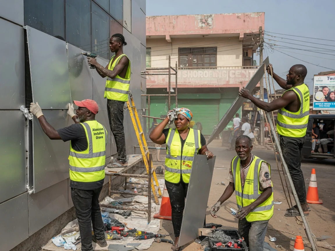 Commercial aluminium cladding installation in Ghana — perforated aluminium cladding screen retail facade osu aluminiuminstallersghana, Accra Ghana