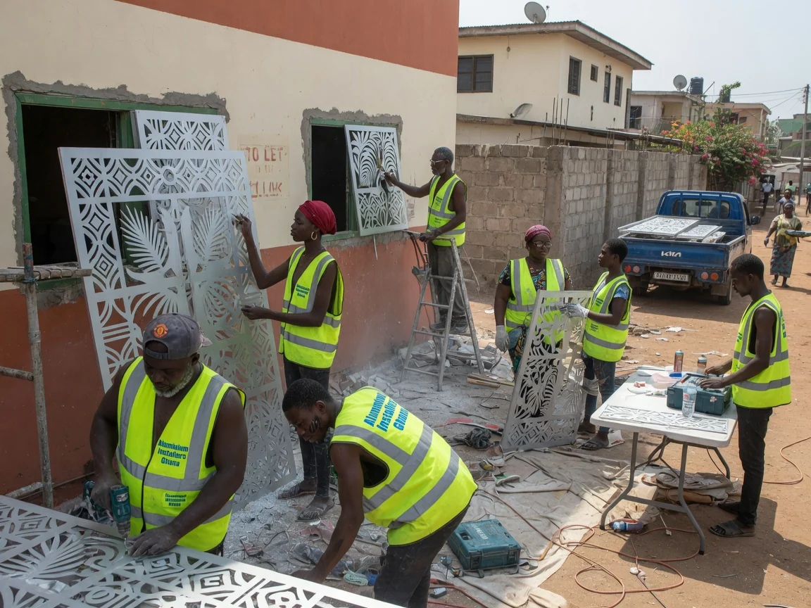 CNC and laser-cut decorative aluminium screens in Ghana — perforated aluminium solar screen installed east legon aluminiuminstallersghana, Accra Ghana