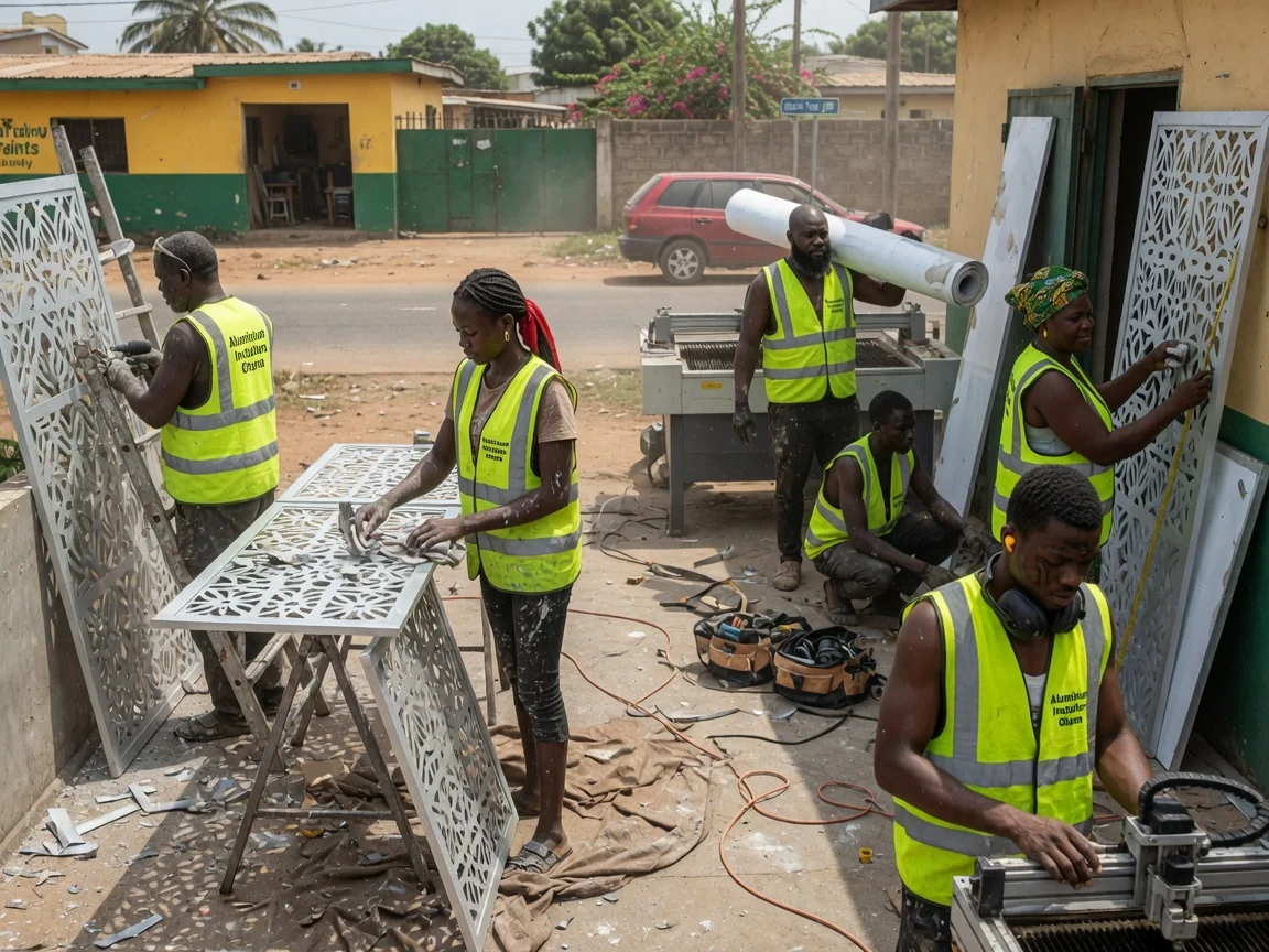 CNC and laser-cut decorative aluminium screens in Ghana — service cnc laser aluminium perforated screen workshop dzorwulu aluminiuminstallersghana, Accra Ghana