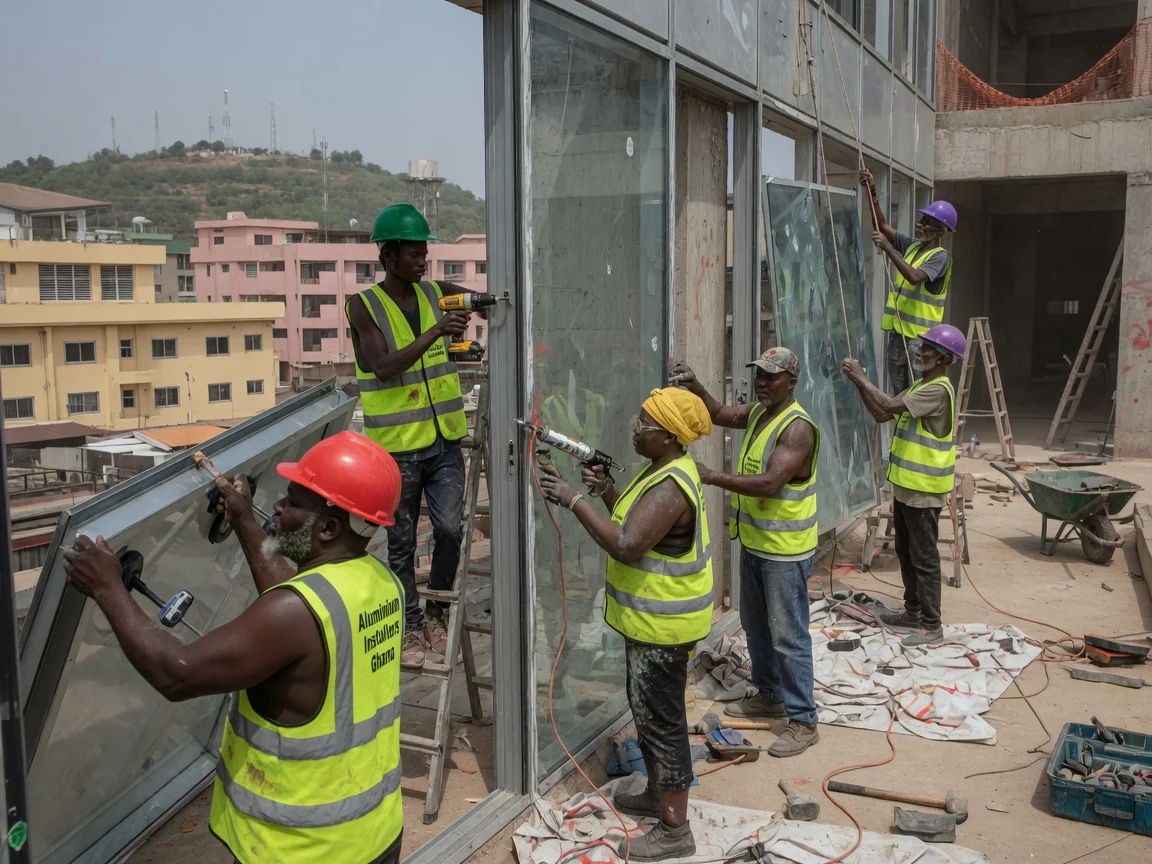 Aluminium curtain-wall installation in Ghana — service stick built curtain wall install corporate tower ridge aluminiuminstallersghana, Accra Ghana