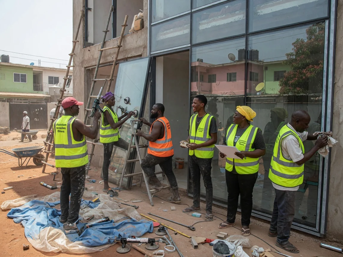 Structural silicone glazing installation in Ghana — spider bolted point fixed glazing atrium entrance east legon aluminiuminstallersghana, Accra Ghana