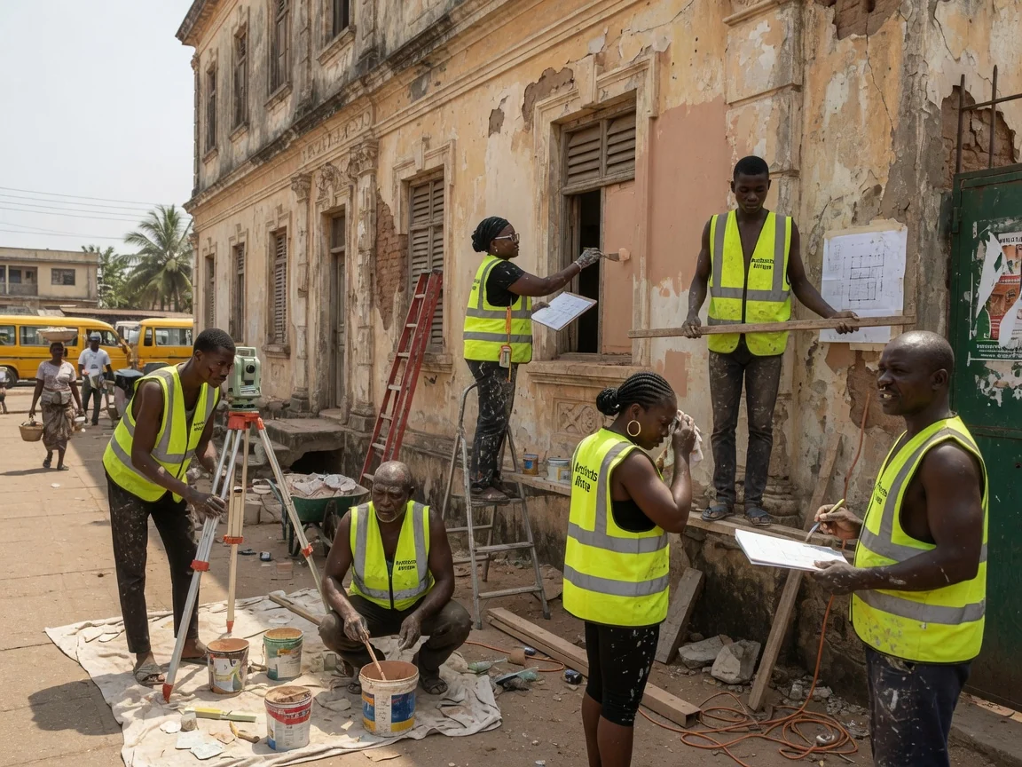 Architects surveying and restoring a heritage building in Ghana — heritage building condition survey existing fabric cape coast architectsafrique, Accra Ghana