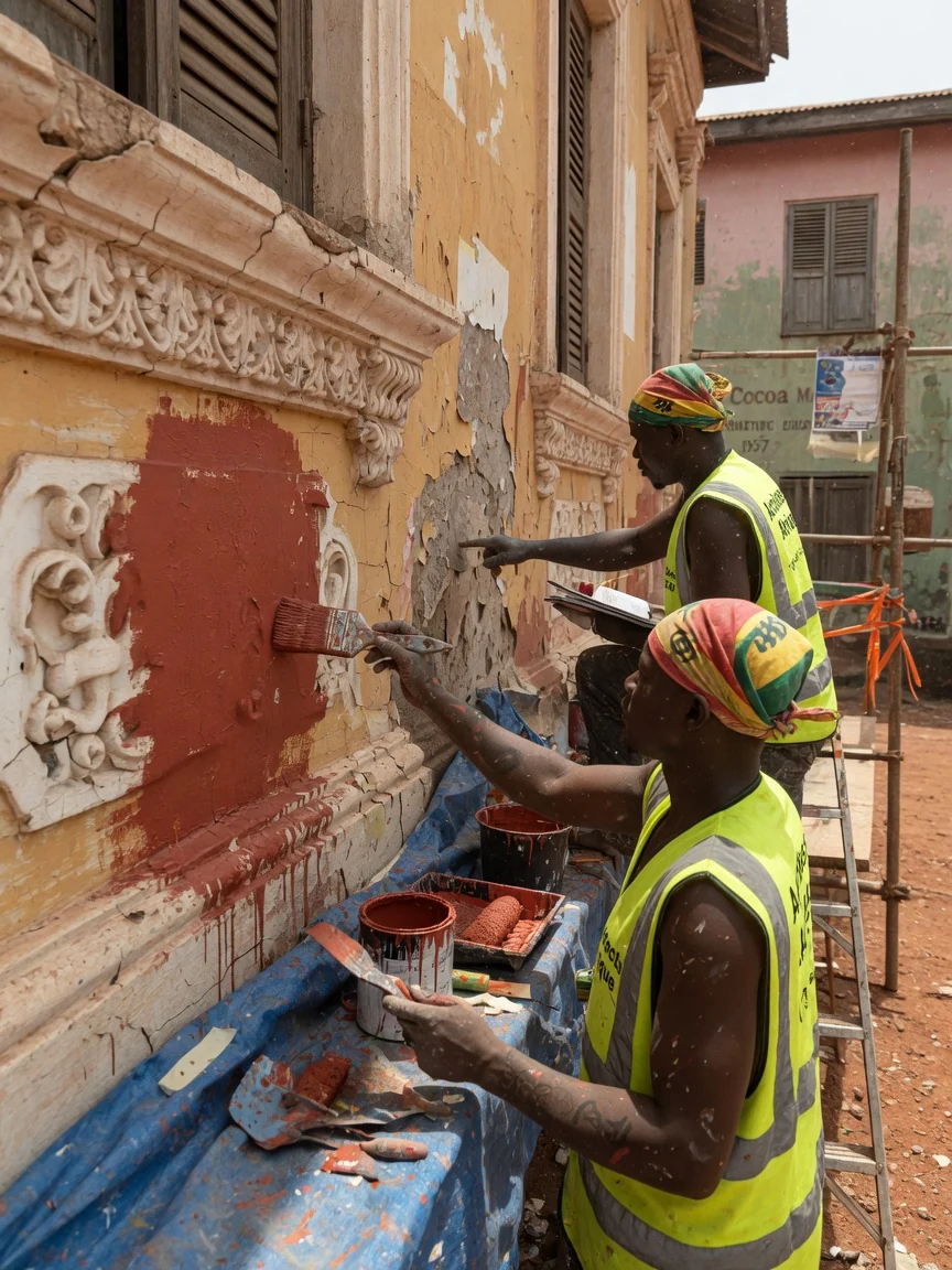 Architects surveying and restoring a heritage building in Ghana — restoration detail old fabric new structure junction accra architectsafrique, Accra Ghana