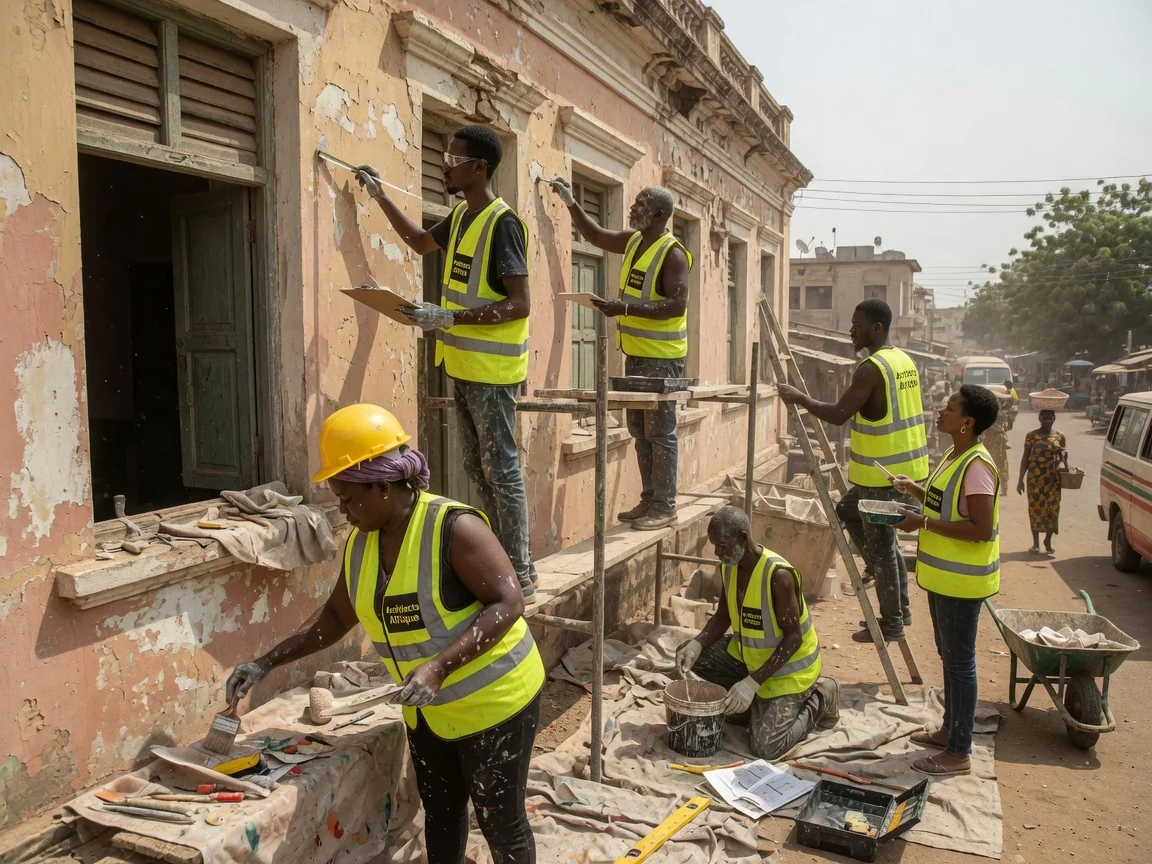 Architects surveying and restoring a heritage building in Ghana — restored heritage facade african identity built result architectsafrique, Accra Ghana