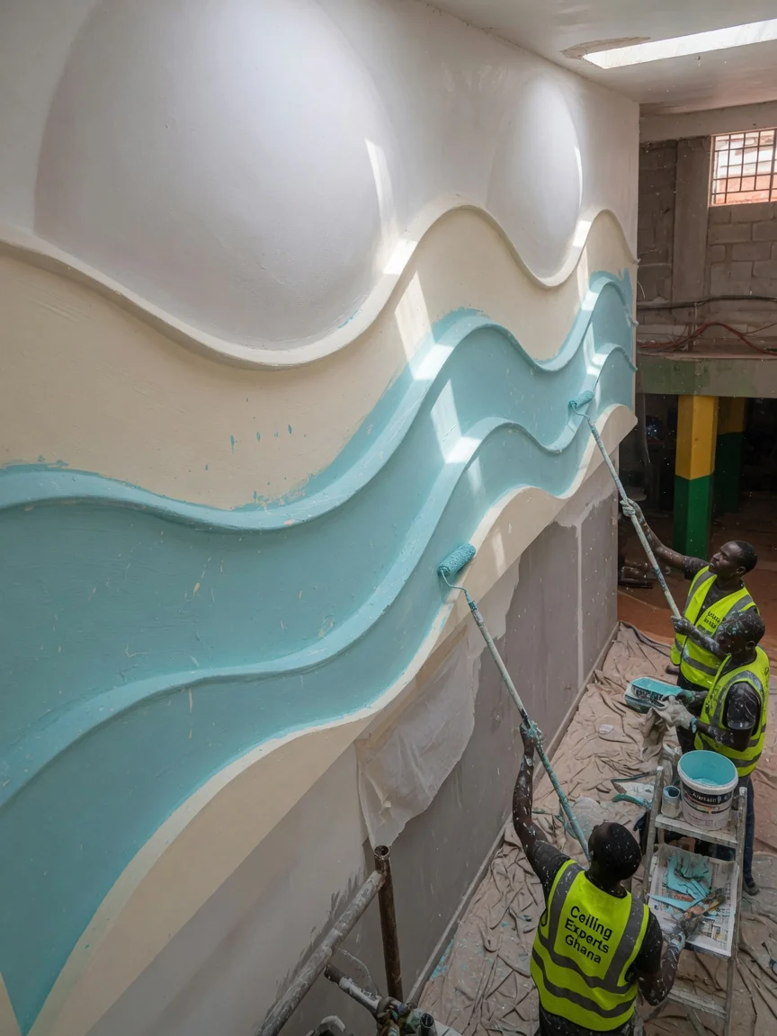 Hospitality wave and dome ceiling installation in Accra — back lit dome ceiling reception detail ceilingexpertsghana, Accra Ghana