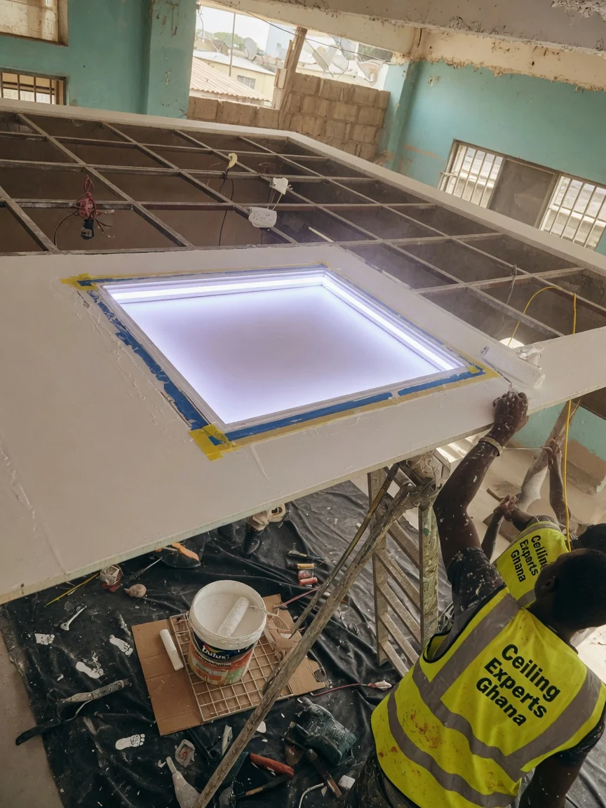 LED and luminous ceiling installation in Accra — backlit stretch luminous ceiling feature detail ceilingexpertsghana, Accra Ghana