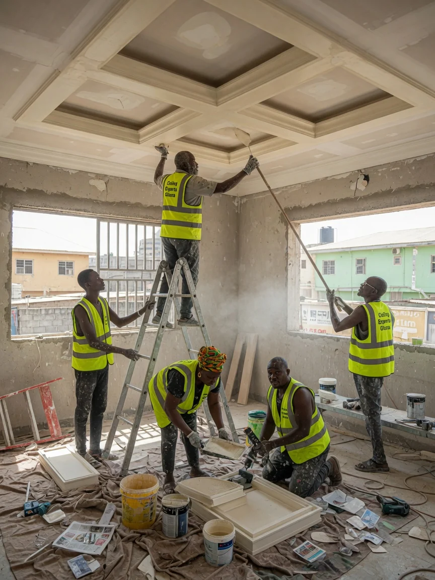 Architectural coffered and tray ceiling installation in Accra — beamed coffered ceiling double height hall trasacco ceilingexpertsghana, Accra Ghana