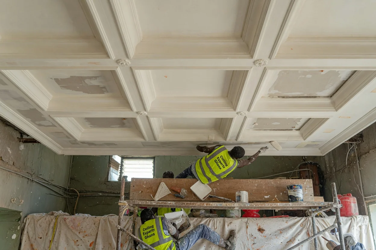 Architectural coffered and tray ceiling installation in Accra — coffered ceiling beam detail living room east legon ceilingexpertsghana, Accra Ghana