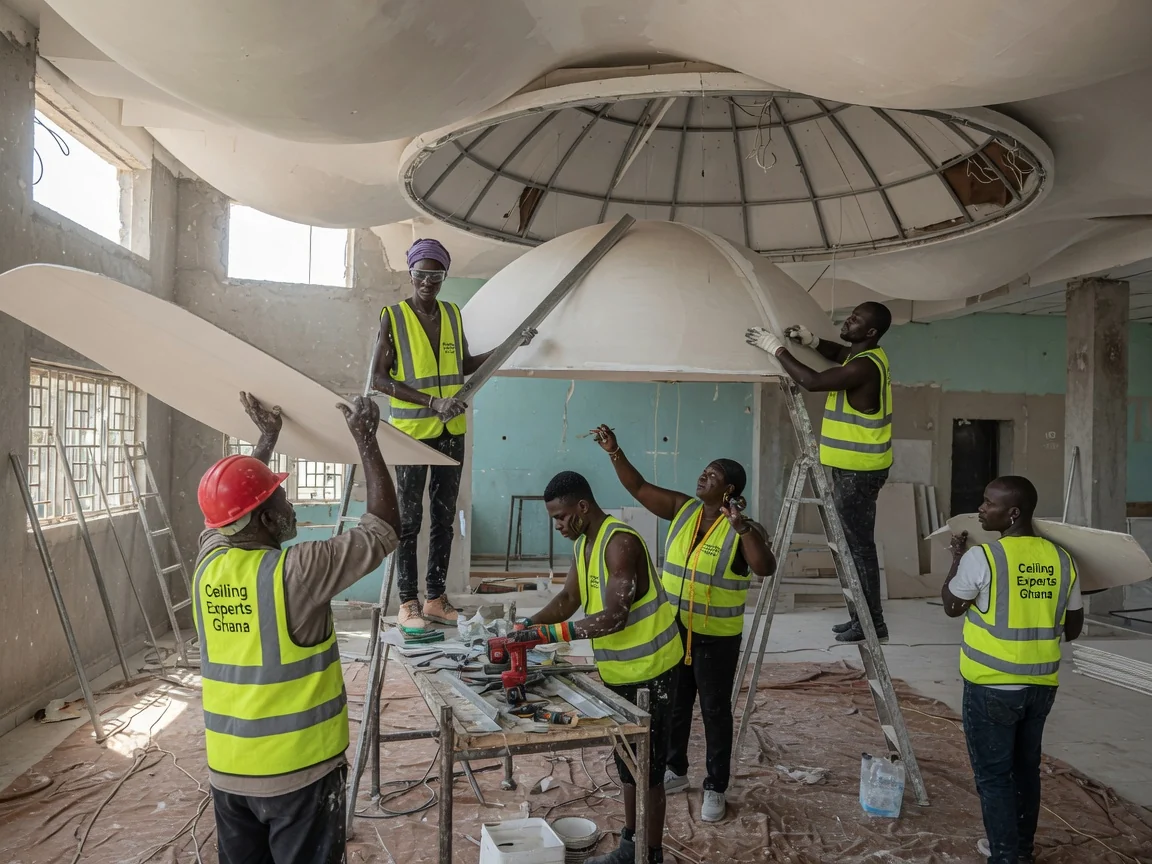 Hospitality wave and dome ceiling installation in Accra — curved stretch membrane ceiling hotel lobby accra ceilingexpertsghana, Accra Ghana