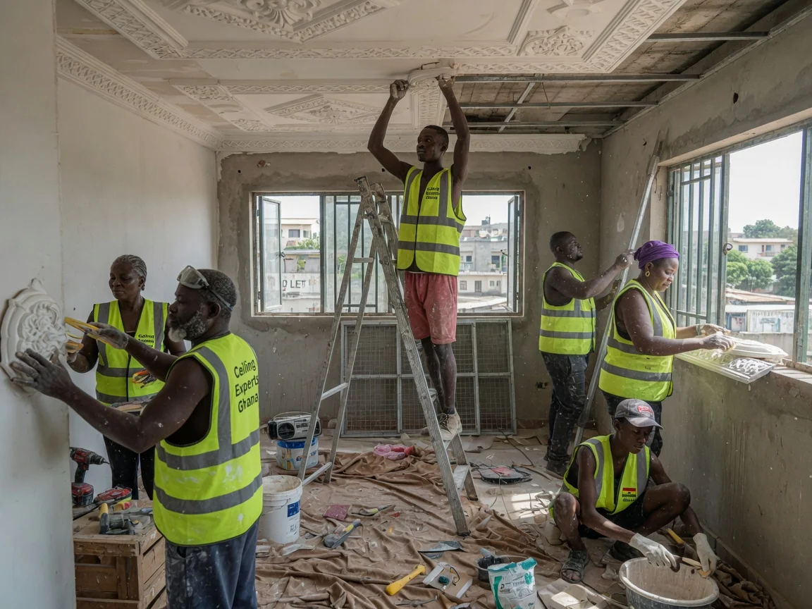 Bespoke decorative POP ceiling installation in Accra — decorative centre panel ceiling rose chandelier cantonments ceilingexpertsghana, Accra Ghana