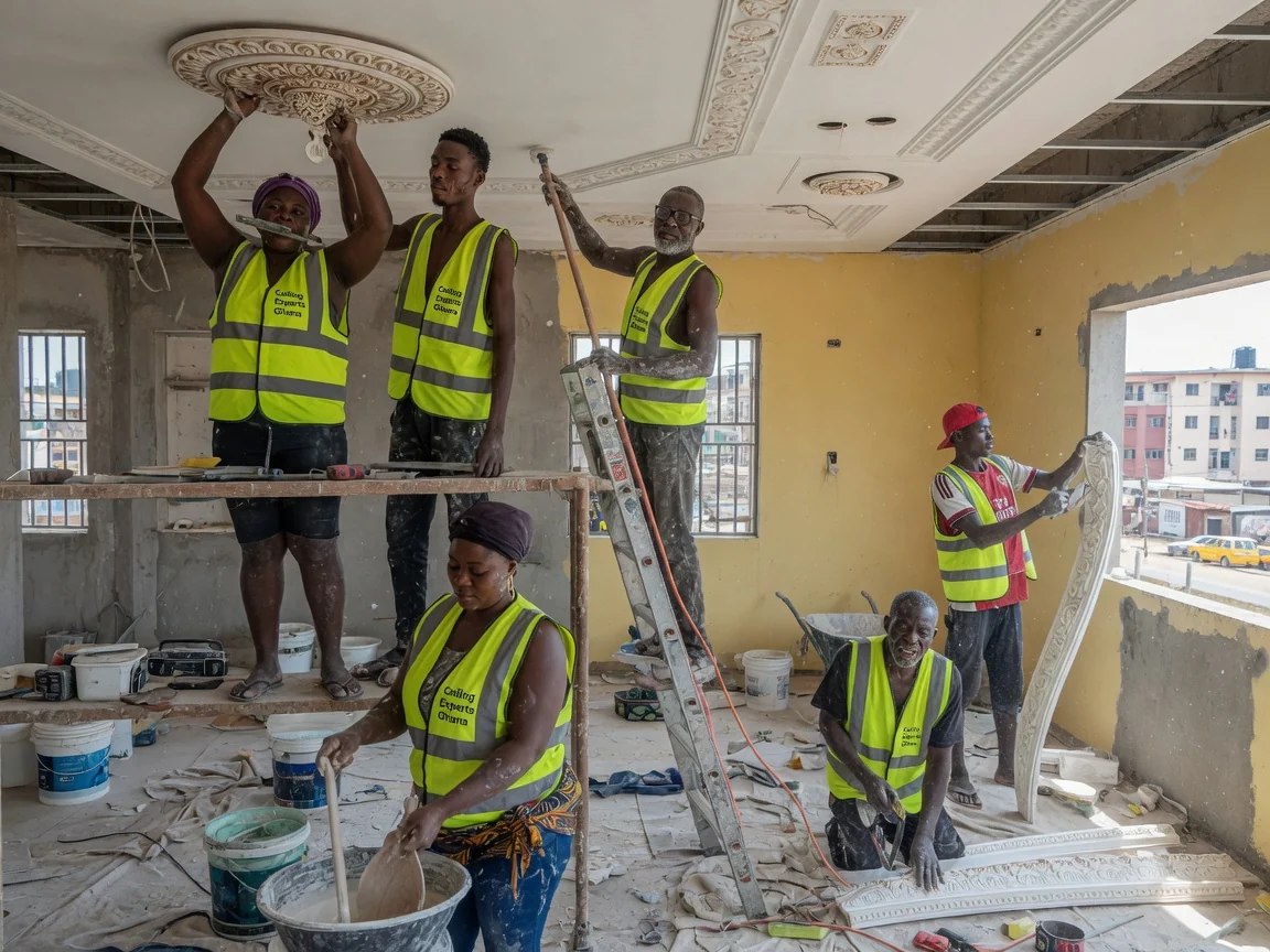 Bespoke decorative POP ceiling installation in Accra — decorative pop column archway living room trasacco ceilingexpertsghana, Accra Ghana