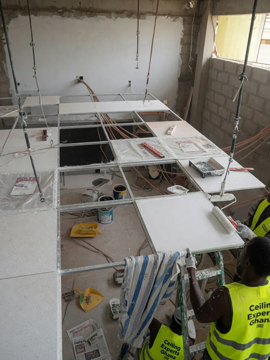 Acoustic and suspended ceiling installation in Accra — metal pan acoustic ceiling detail perforated ceilingexpertsghana, Accra Ghana