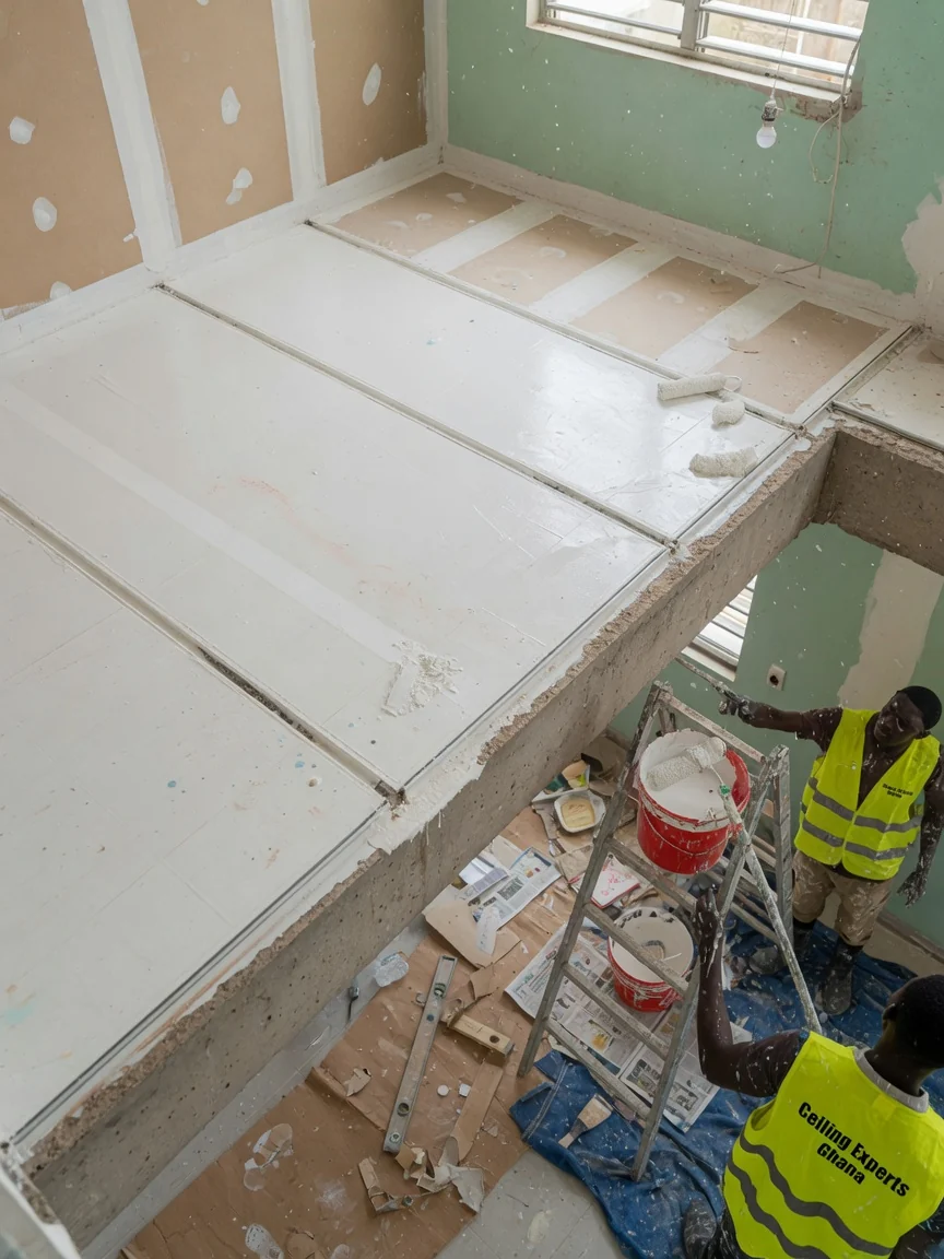 Residential ceiling installation in Accra — pvc ceiling panel bathroom finish closeup ceilingexpertsghana, Accra Ghana