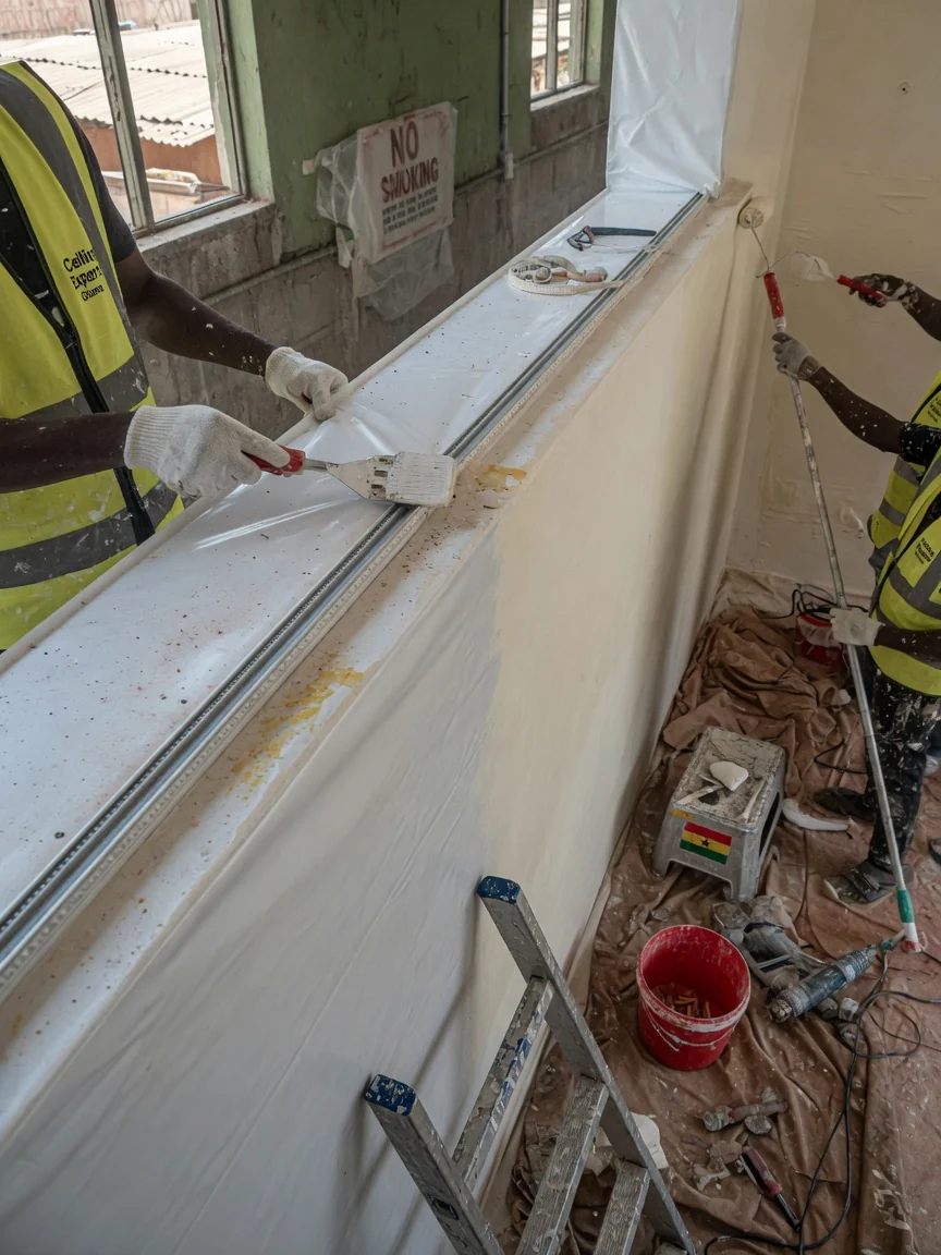 PVC and stretch ceiling installation in Accra — pvc tongue groove panel ceiling bathroom install detail ceilingexpertsghana, Accra Ghana