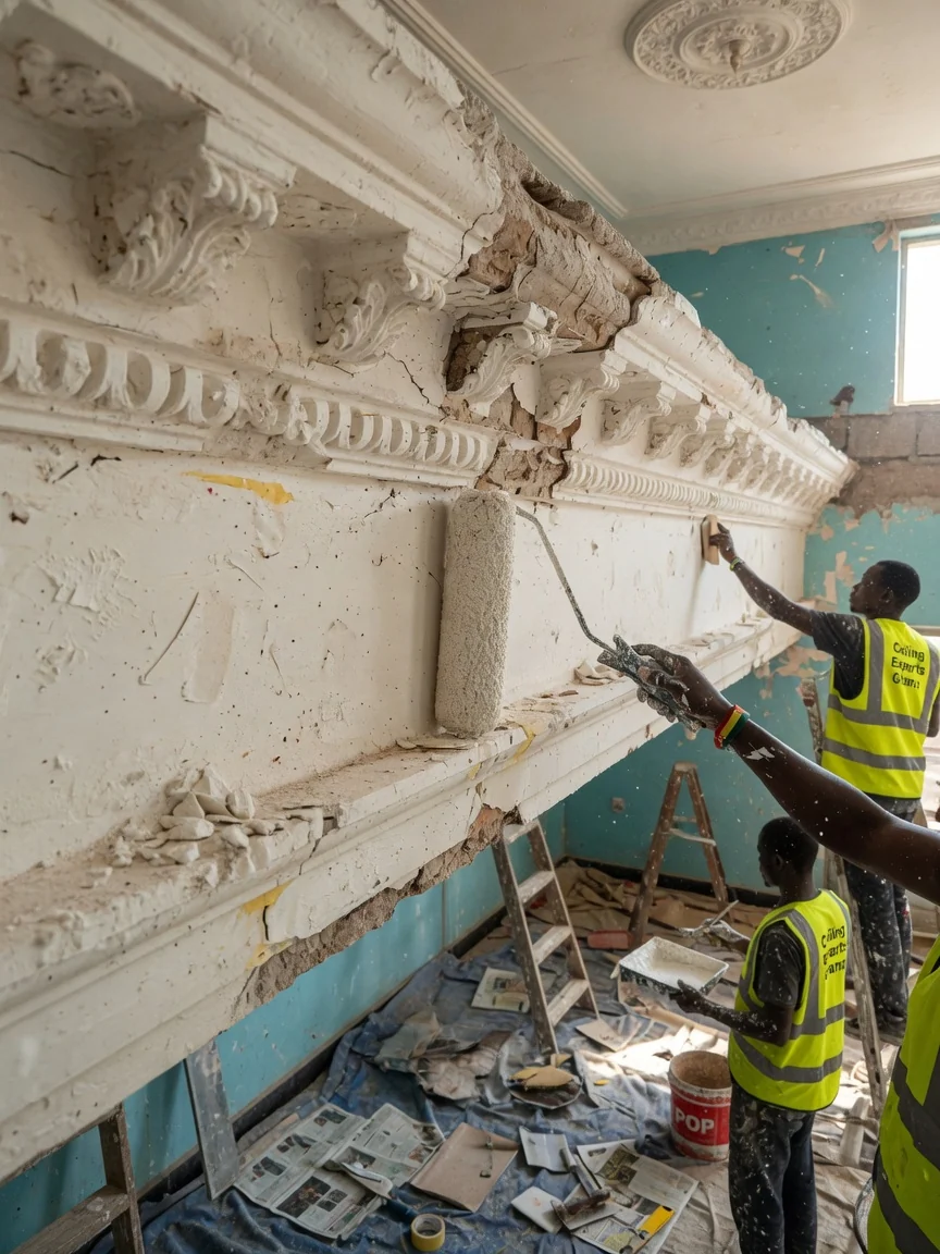 Plaster cornice running and restoration in Accra — run in situ plaster cornice running mould detail ceilingexpertsghana, Accra Ghana