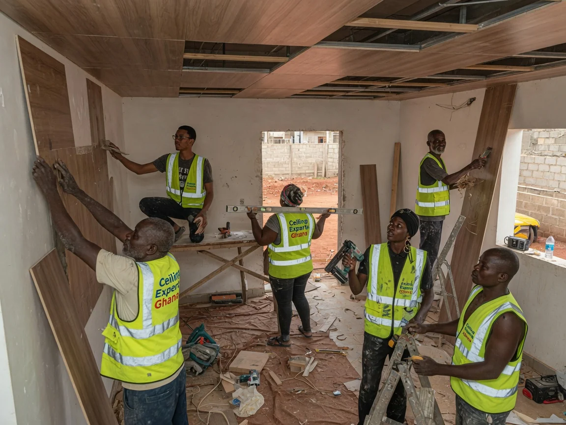 Wood-veneer feature ceiling installation in Accra — tongue and groove timber ceiling living room east legon ceilingexpertsghana, Accra Ghana