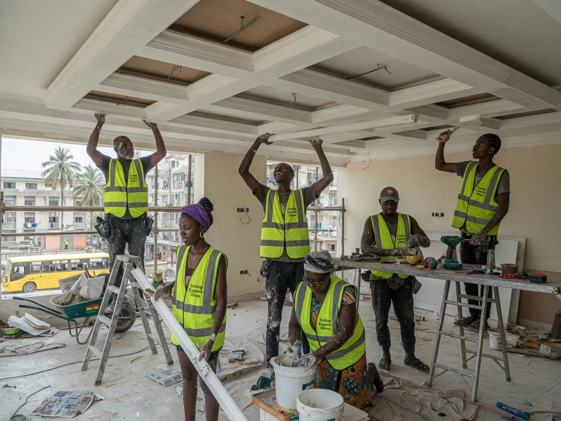 Architectural coffered and tray ceiling installation in Accra — tray ceiling cove lighting step master bedroom cantonments ceilingexpertsghana, Accra Ghana