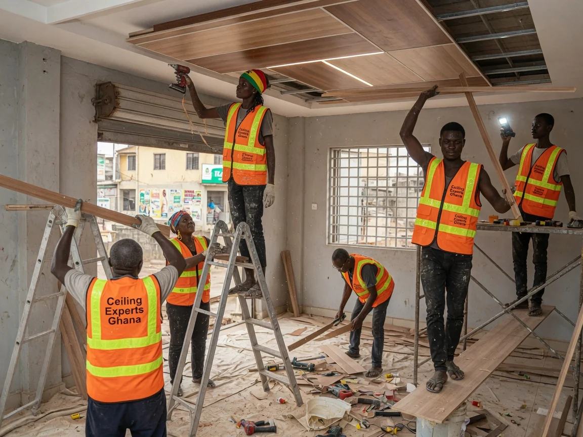 Wood-veneer feature ceiling installation in Accra — wood veneer panel ceiling boardroom finish ceilingexpertsghana, Accra Ghana