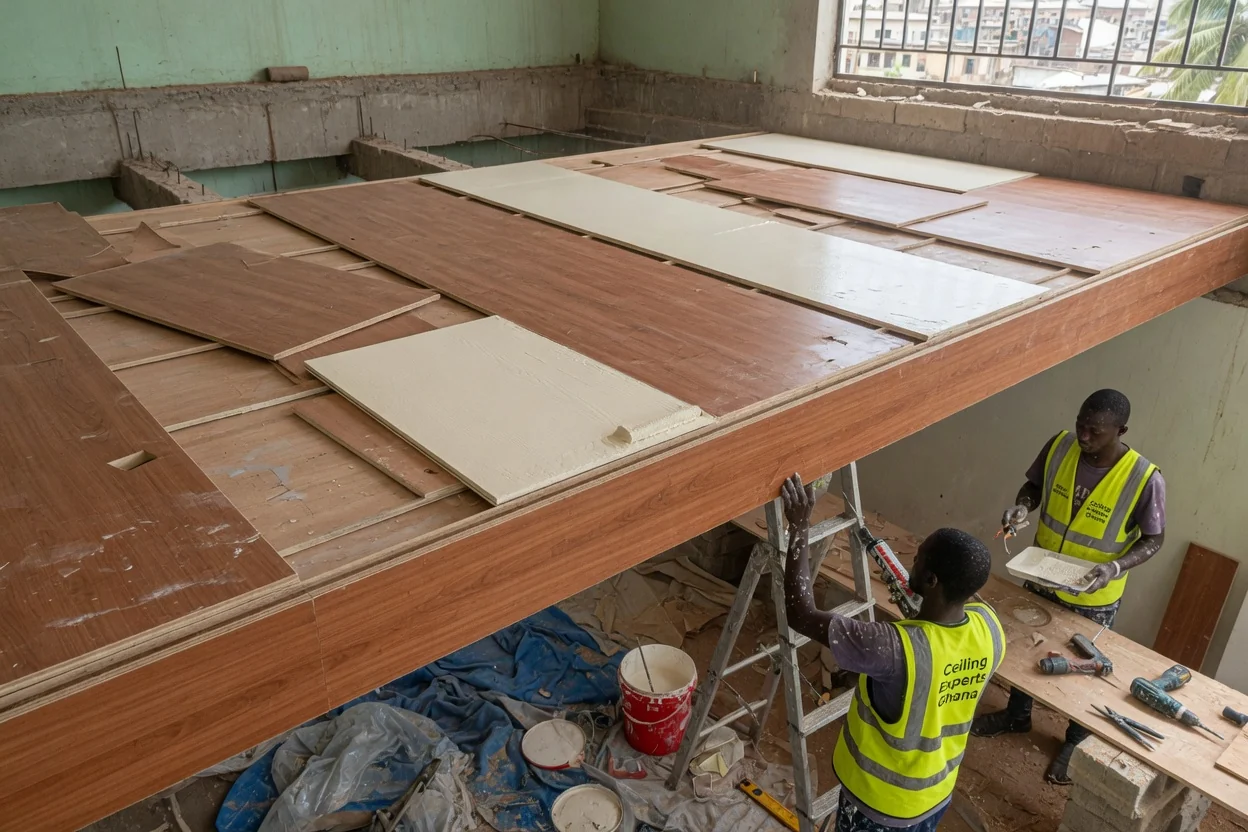 Wood-veneer feature ceiling installation in Accra — wood veneer slat ceiling grazing light detail ceilingexpertsghana, Accra Ghana