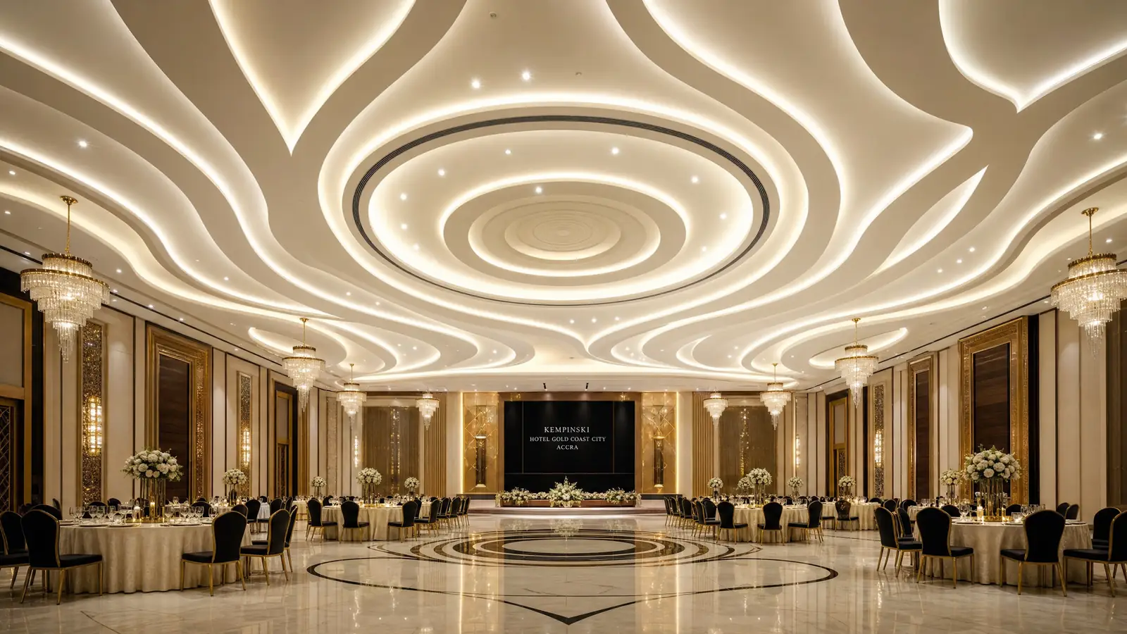 Hospitality wave and dome ceiling installation in Accra — service hospitality wave dome ceiling hotel ballroom accra ceilingexpertsghana, Accra Ghana