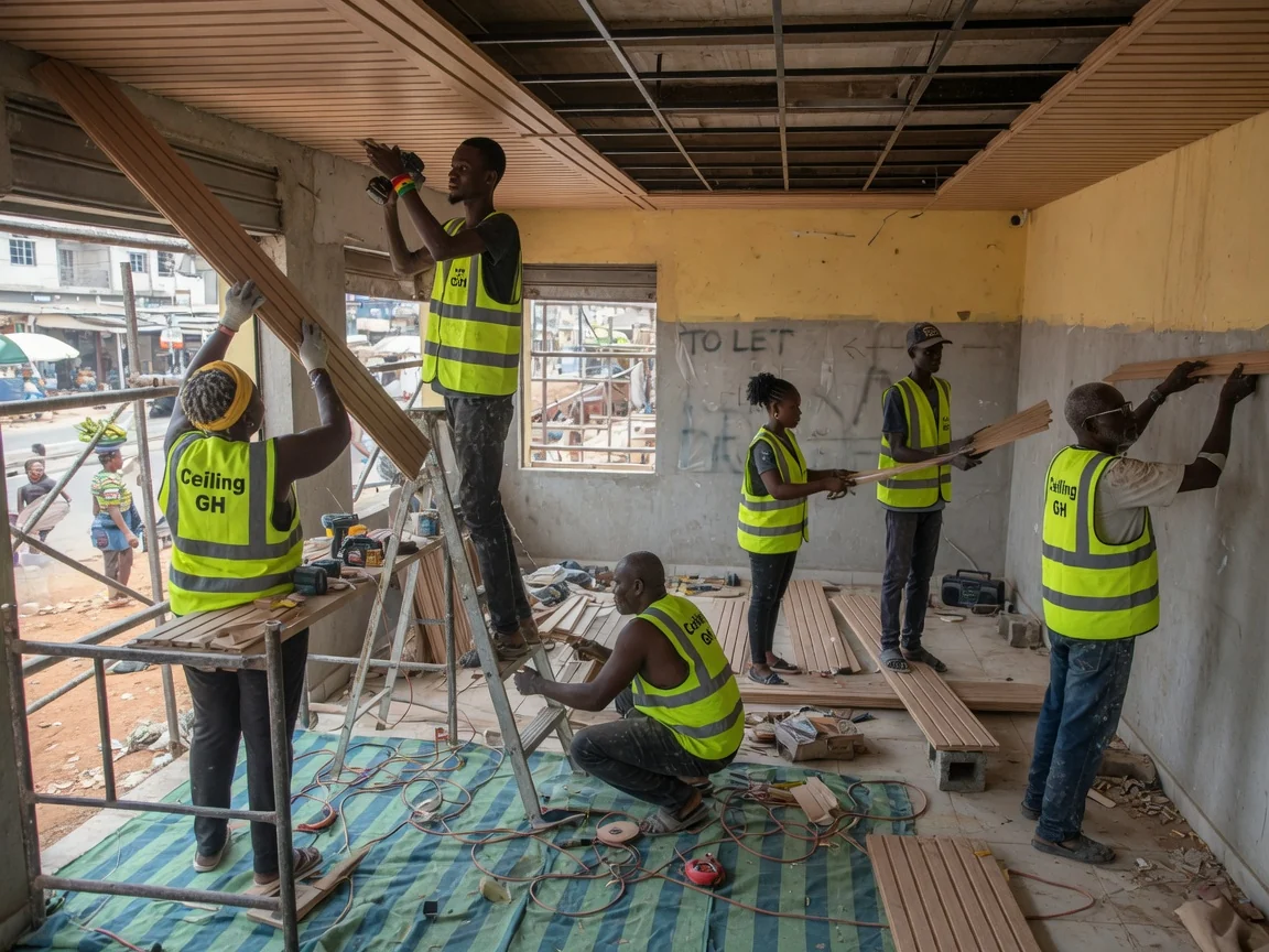 Acoustic wood-panel ceiling finish in an auditorium installed by Ceiling GH in Accra