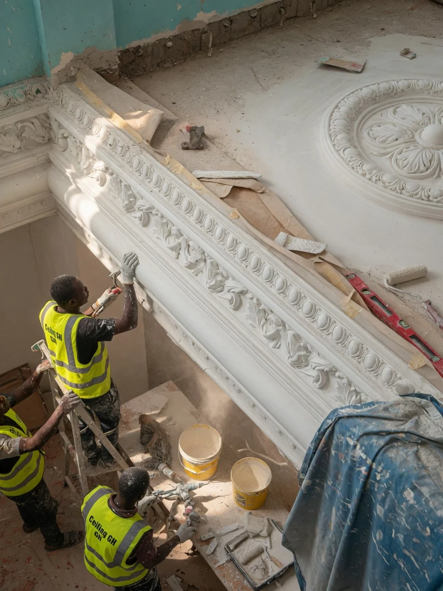 Plaster cornice, coving and ceiling rose installation in Accra — cast plaster ceiling rose centrepiece detail ceilinggh, Accra Ghana