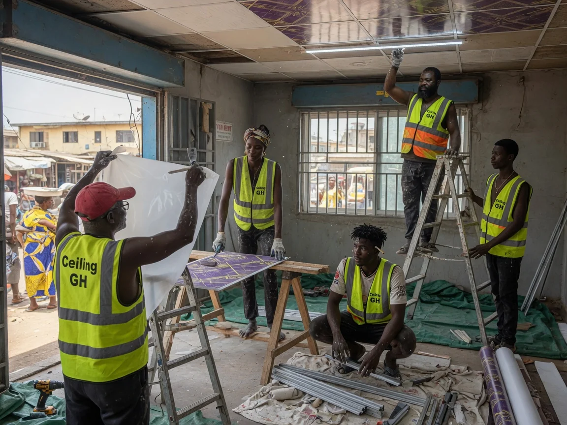 Decorative stretch and PVC ceiling installation in Accra — gloss stretch ceiling membrane tensioning living room adenta ceilinggh, Accra Ghana