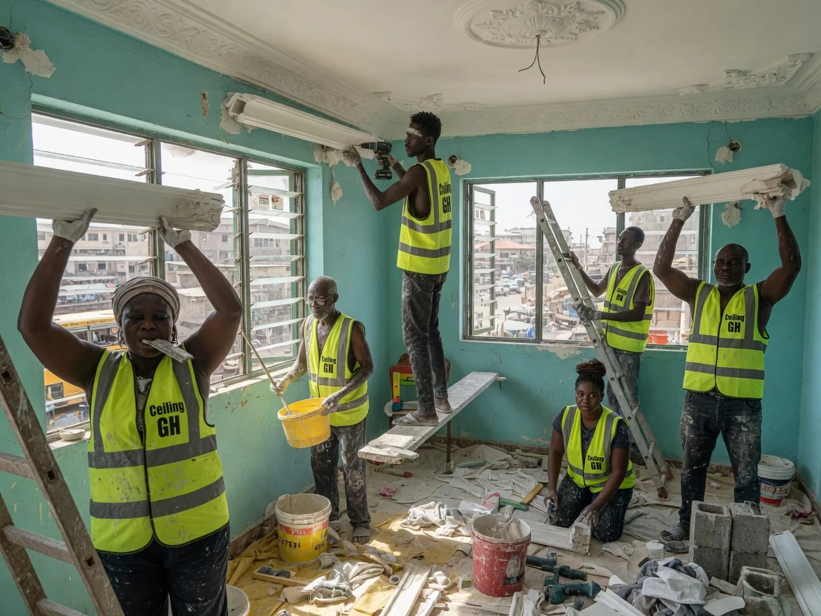 Plaster cornice, coving and ceiling rose installation in Accra — heritage cornice restoration profile matching accra ceilinggh, Accra Ghana