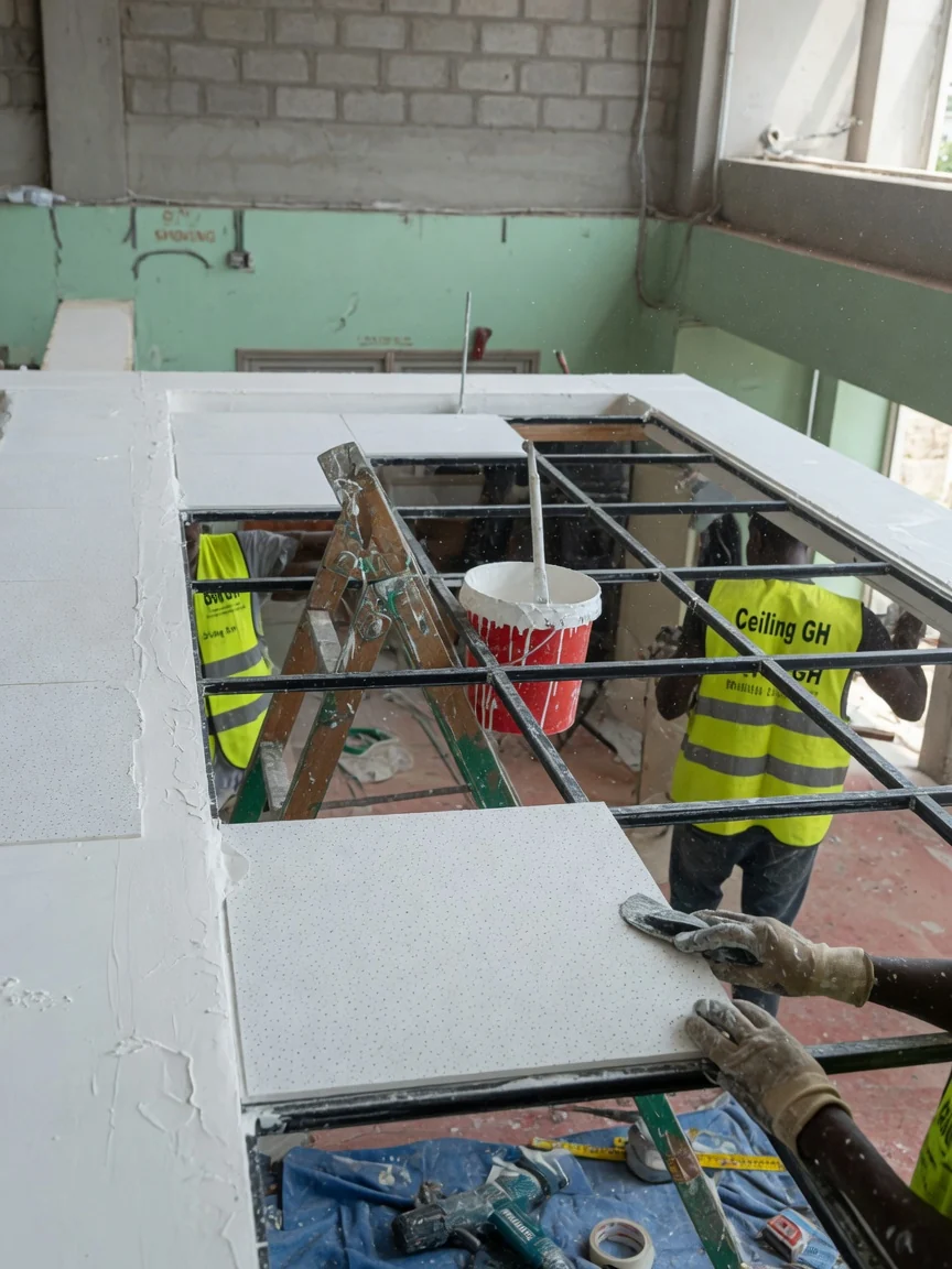 Acoustic ceiling installation in Accra — perforated metal acoustic panel detail ceilinggh, Accra Ghana