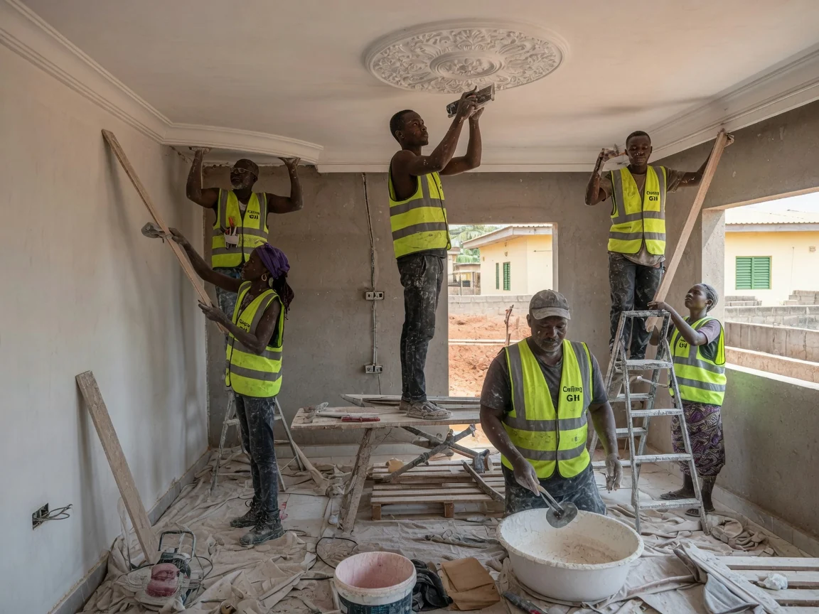 Plaster cornice, coving and ceiling rose installation in Accra — plaster cornice coving run living room east legon ceilinggh, Accra Ghana