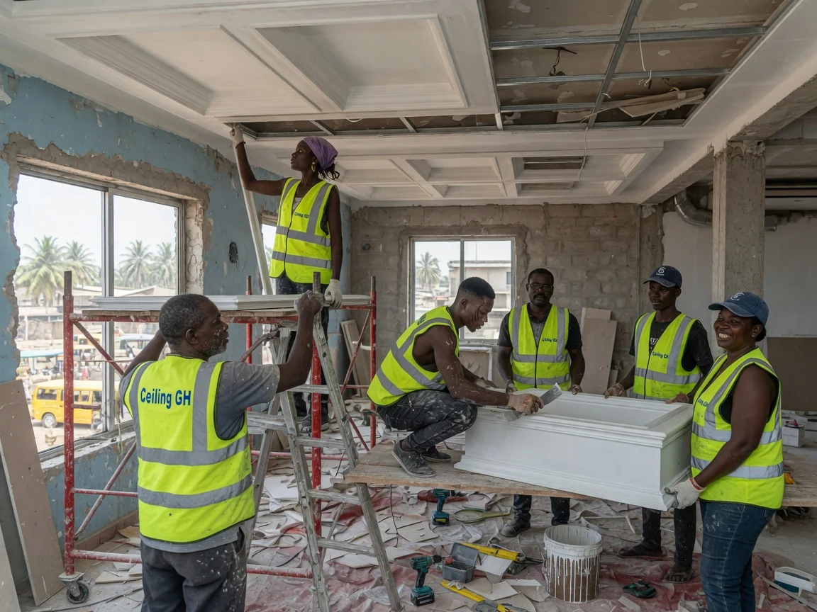 Coffered and tray ceiling installation in Accra — pop tray ceiling cove lighting living room spintex accra ceilinggh, Accra Ghana