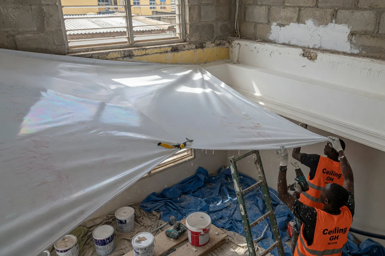 Decorative stretch and PVC ceiling installation in Accra — pvc panel ceiling bathroom finish closeup madina ceilinggh, Accra Ghana